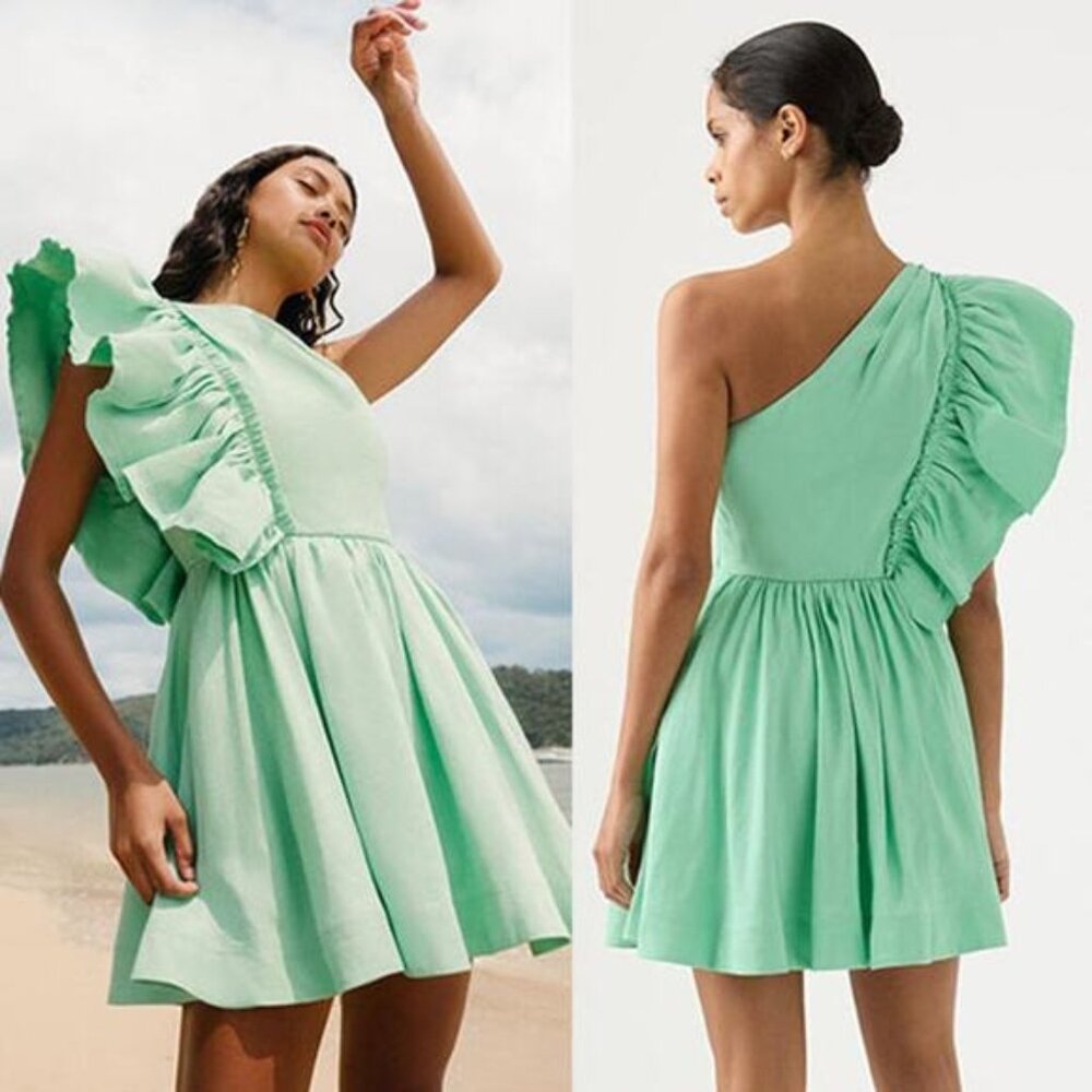NWT Aje Bonjour Asymmetric One Shoulder Mini Dress Marine Green Size: 6